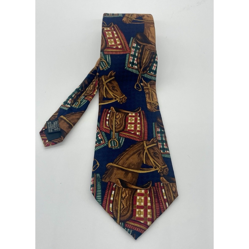 Paolo Gucci Equestrian Horse Silk‎ Tie Gold Blue 4" Preppy Old Money Career